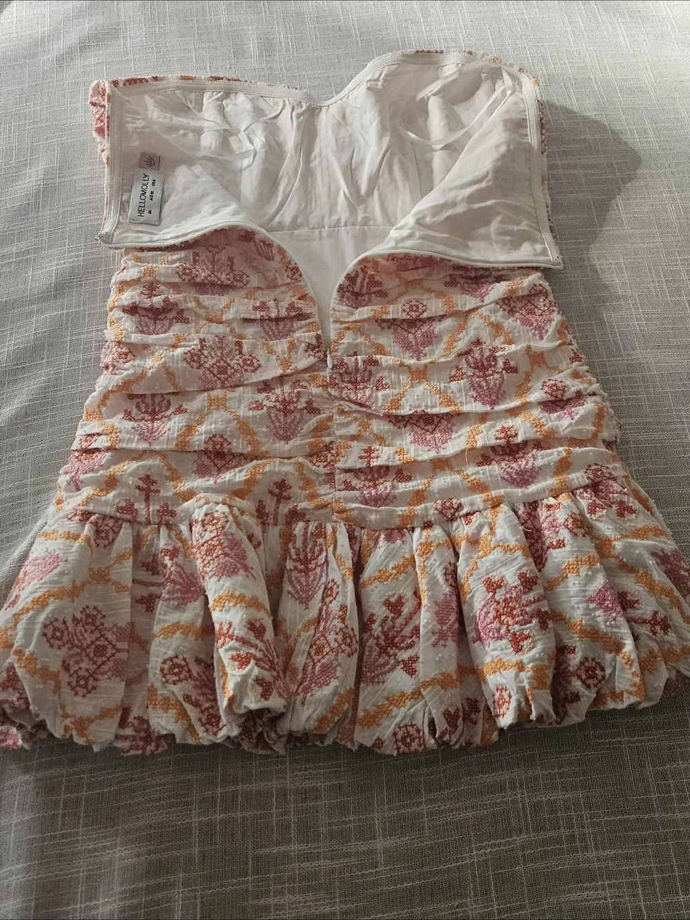 HELLO MOLLY Embroidered Strapless Ruched Mini Dress Size M Cotton Pink Orange - Picture 9 of 16